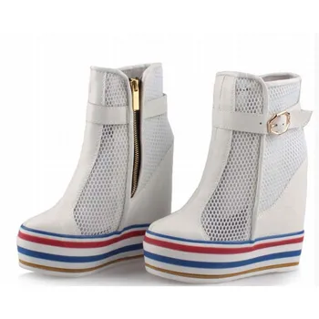 

Womens Boots Elevator Hidden Wedges Breathable Mesh Ankle Booties Women High Platform Height Increasing Shoes Buckle Cool Boot