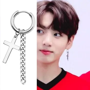 

KPOP DNA Korean V Punk Style Tassel Earrings For Men Women Korea Fake Love JIMIN Jin Cross Stud Earrings Statement Jewelry Gift
