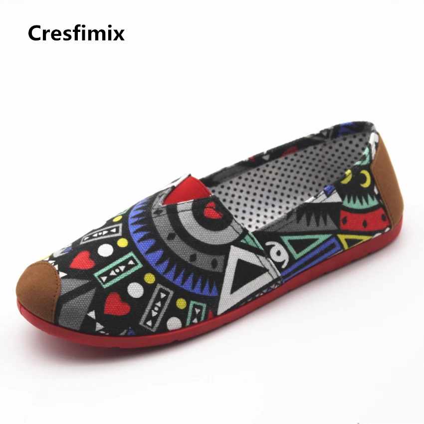 

Cresfimix women fashion geometric pattern print flat shoes female cute and comfortable loafers lady casual summer slip on shoes
