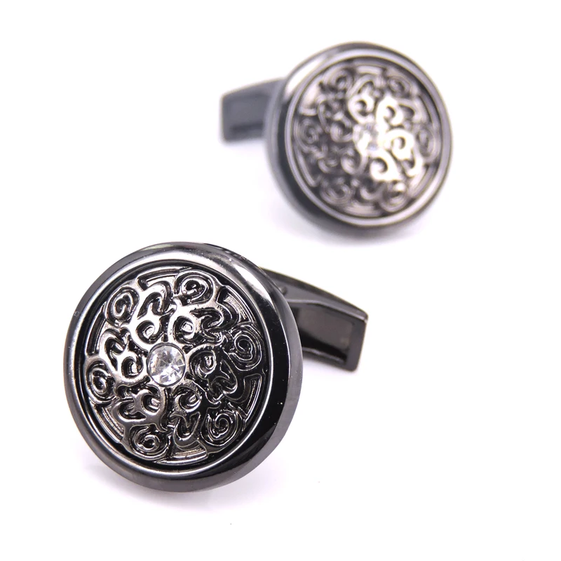 

XKZM brand high quality French Cufflinks Round Black Retro Pattern Crystal cuff button wedding Business gift Jewellery