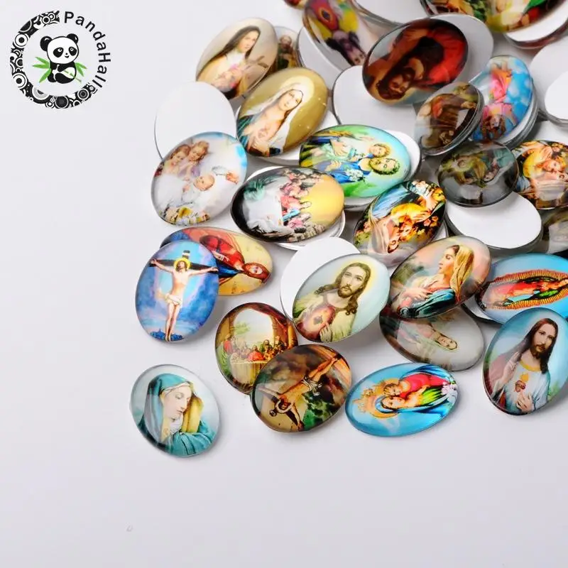 

Jesus and the Virgin Printed Glass Oval Cabochons, Mixed Color, 40x30x7~9mm