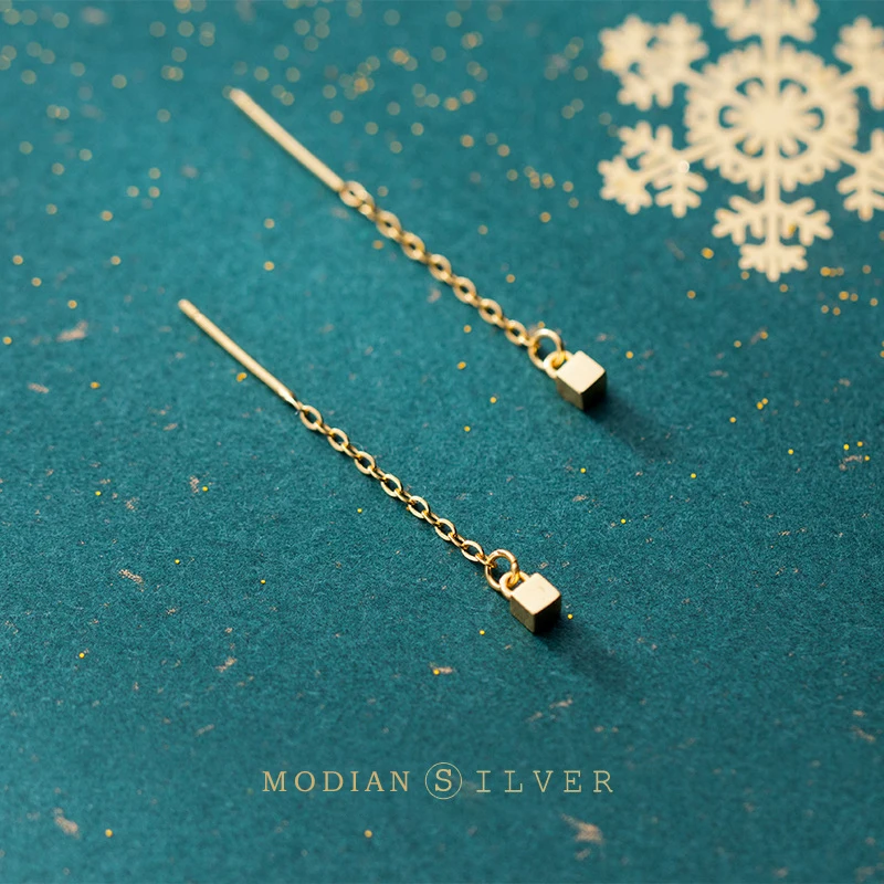 

Modian Authentic 925 Sterling Silver Long Tassel Gold Color Square Drop Earrings For Women Dangle Earring Fashion Charm Jewelry