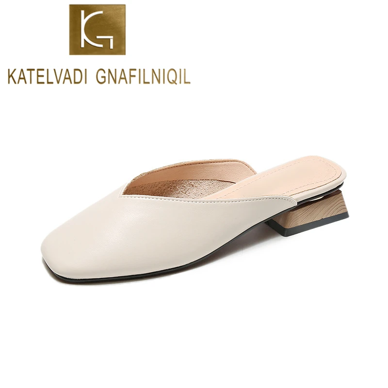 

KATELVADI Fashion Woman PU Shoes Brand Designers 2019 Slip On Loafers Mules Flip Flops Beige Pumps Big Size 34-43 K-416