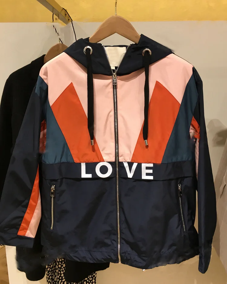 

Spring and Summer 2019 Colour-matched Letter Zipper Cord-pulling and Hat Short-style Workwear Windswear and Leisure Coat women