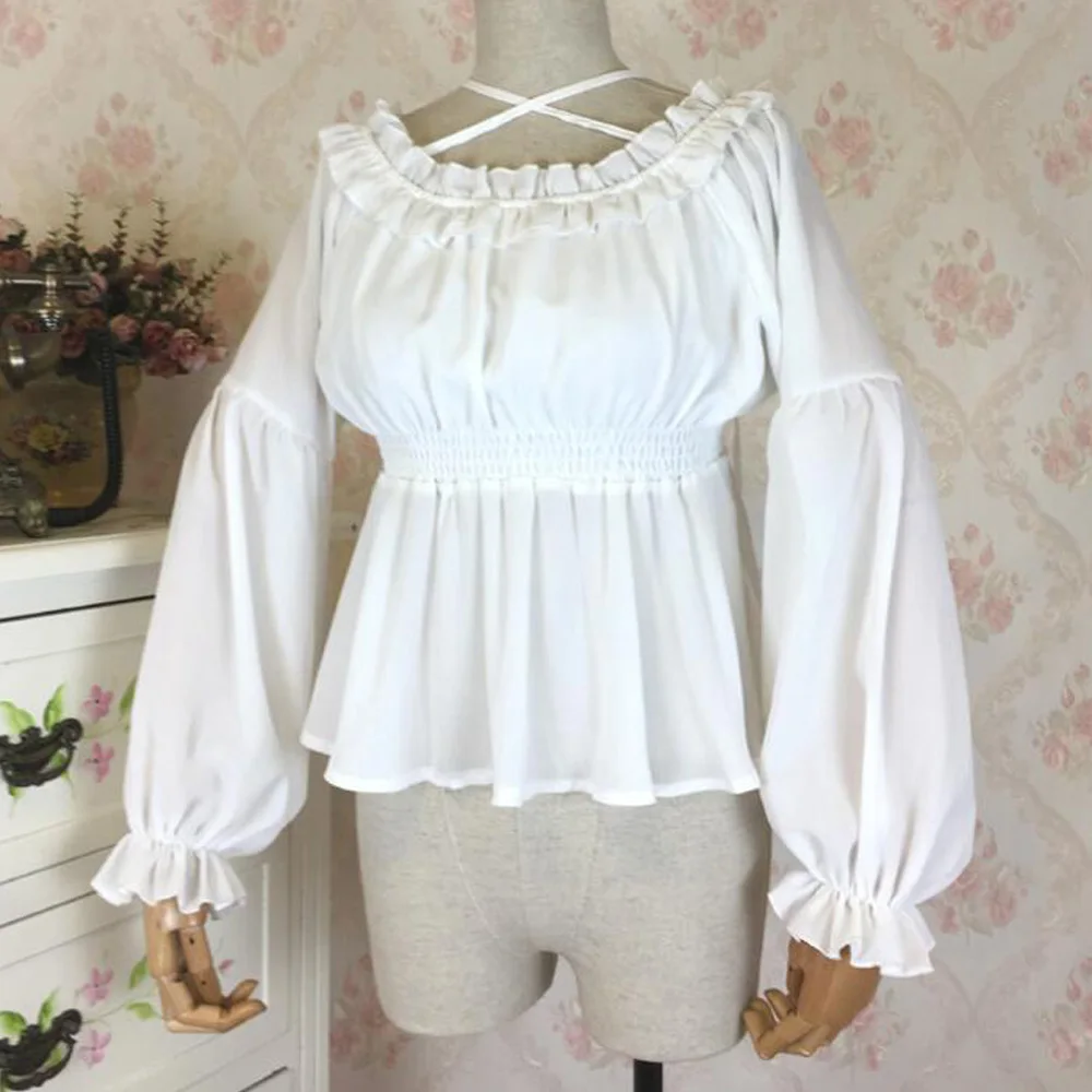 

Vintage Lolita White Long Sleeve Shirt Tops Women Clothes Off Shoulder Victorian Blouse Blusas Female Steampunk Gothic Blouses