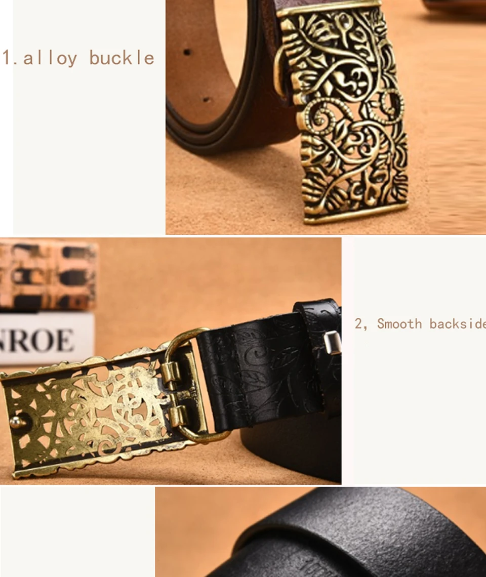 COOLERFIRE Genuine Cowskin Leather Belts For Women Carved Design Retro Metal Women Strap Female High Quality Belts LB015