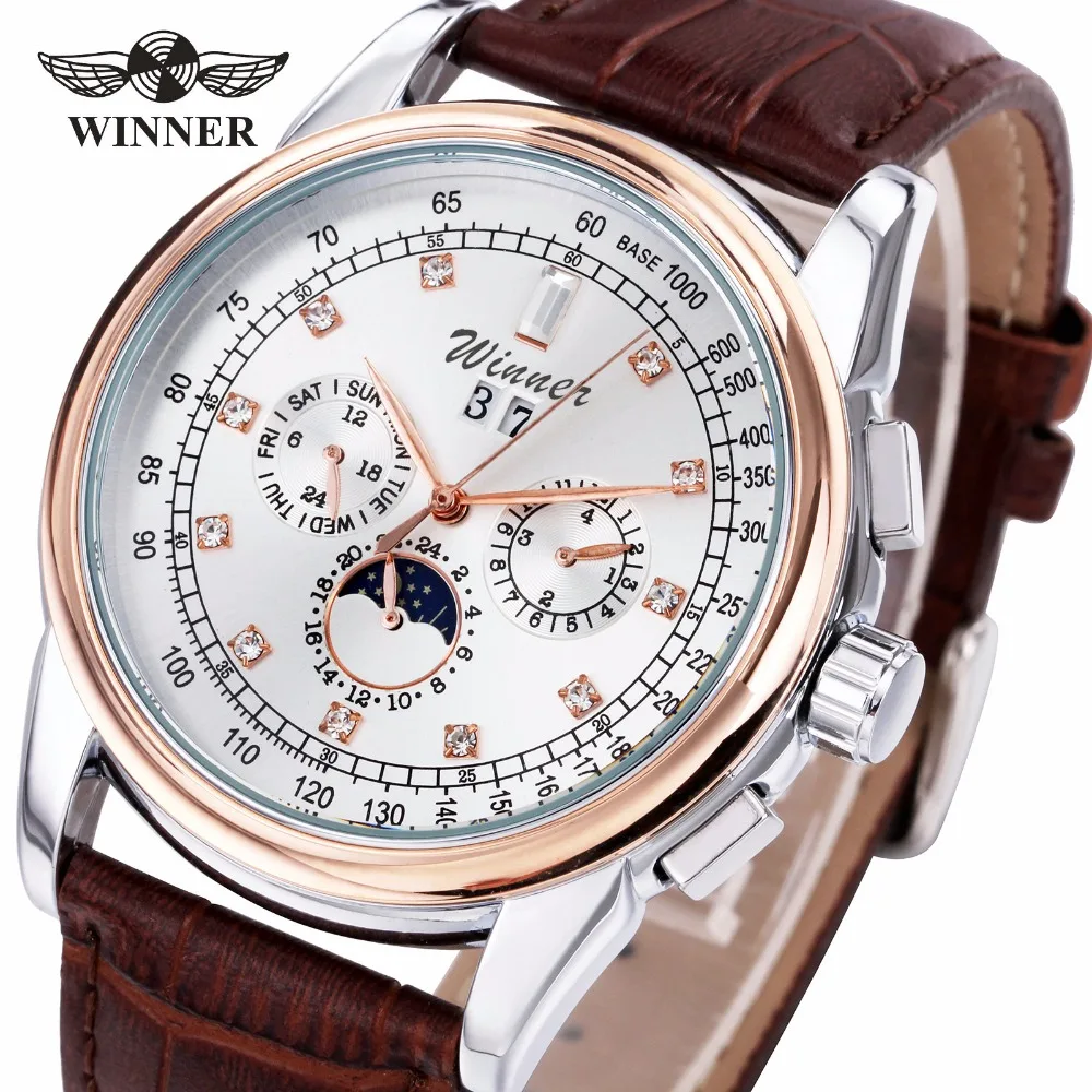 Winner Men Skeleton Automatic Mechanical Watch Leather Strap Sub-dial Rhinestone Decorated Calendar +Box winner men skeleton automatic mechanical watch leather strap sub dials supersize case date calendar box