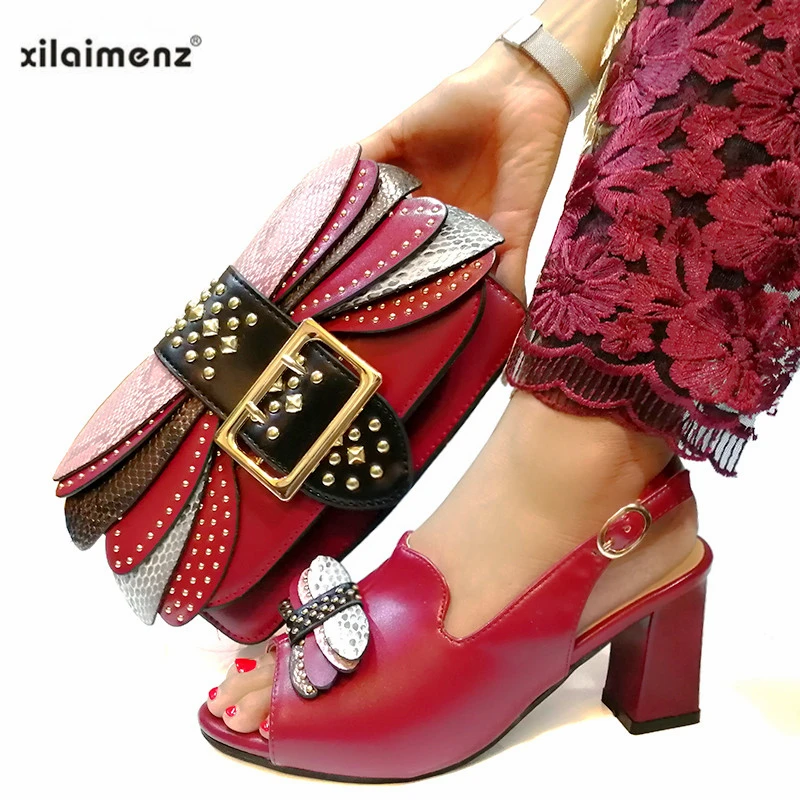 

2019 Nigerian Design Elegant Wine Color Shoes And Bag To Match Set Italian Ladies Comfortable Heels for Royal Wedding Party