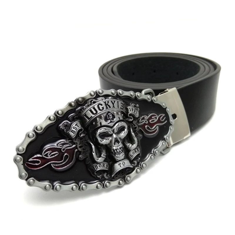 Drop shipping Lucky 13 skull belts for men Black PU Leather belt with
