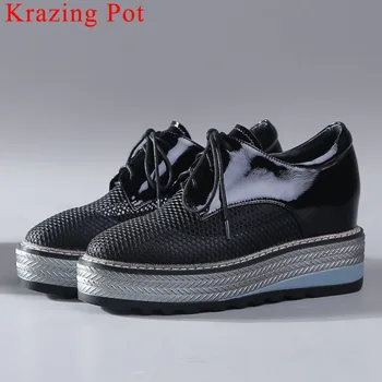 

Krazing Pot breathable wedges high bottom platform lace up women pumps plus size punk style square toe fashion raunway shoes L12