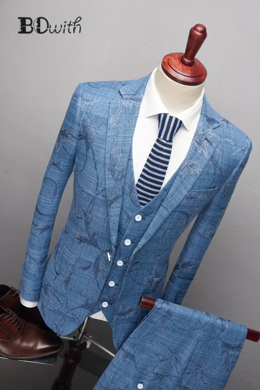 Элегантные Синие мужские костюмы 3 шт. костюмы (куртка + брюки + жилет) одна пуговица Зубчатый воротник Slim Fit костюмы жениха Свадебная