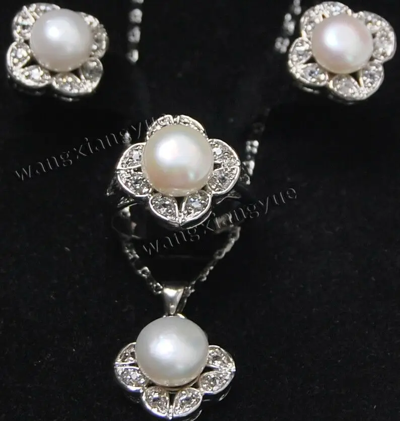 

Real Natural White Akoya Cultured Pearl Earrings/Ring/ Necklace Pendant Set AAA+ Jewelry