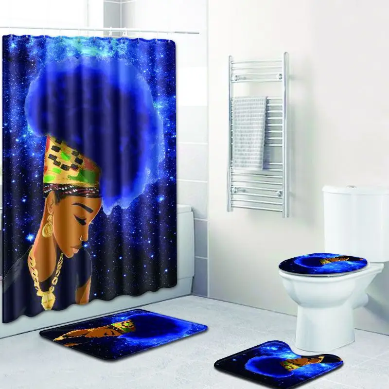 

Sexy Skirt Girl Bathroom Curtain Waterproof Fabric Blowing Bubble Gum Curls African Women Shower Curtain and carpet set