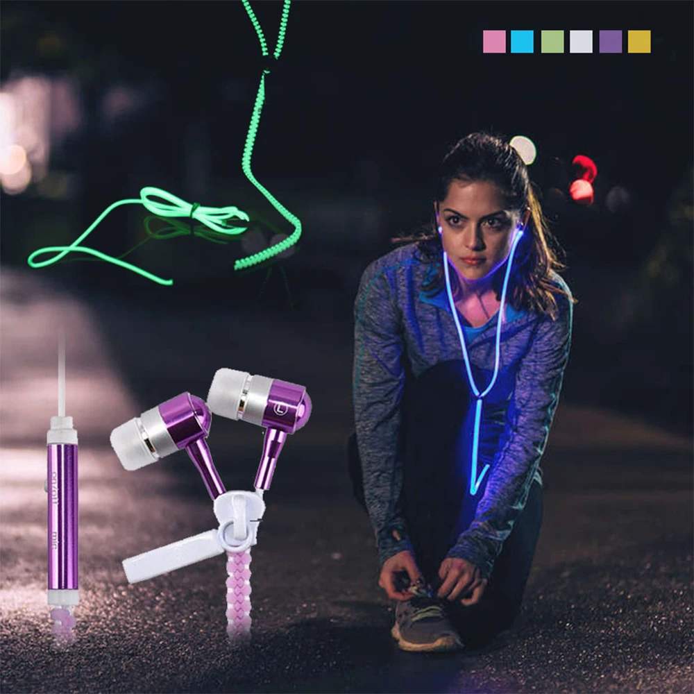 

Metal Zipper Earphone Luminous Light Earbuds Glow In The Dark line wire earphone For Iphone Samsung Xiaomi MP3 With Mic