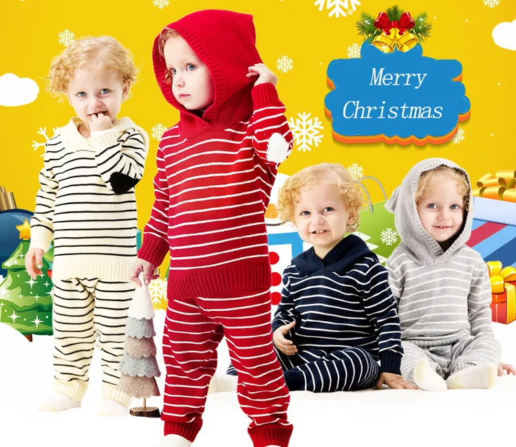

2PCS Long Sleeve Hooded Knitted Shirt +knitting Pants Children's Winter Clothing Sets Cute Kids Striped Sweater Suit 100% Cotton