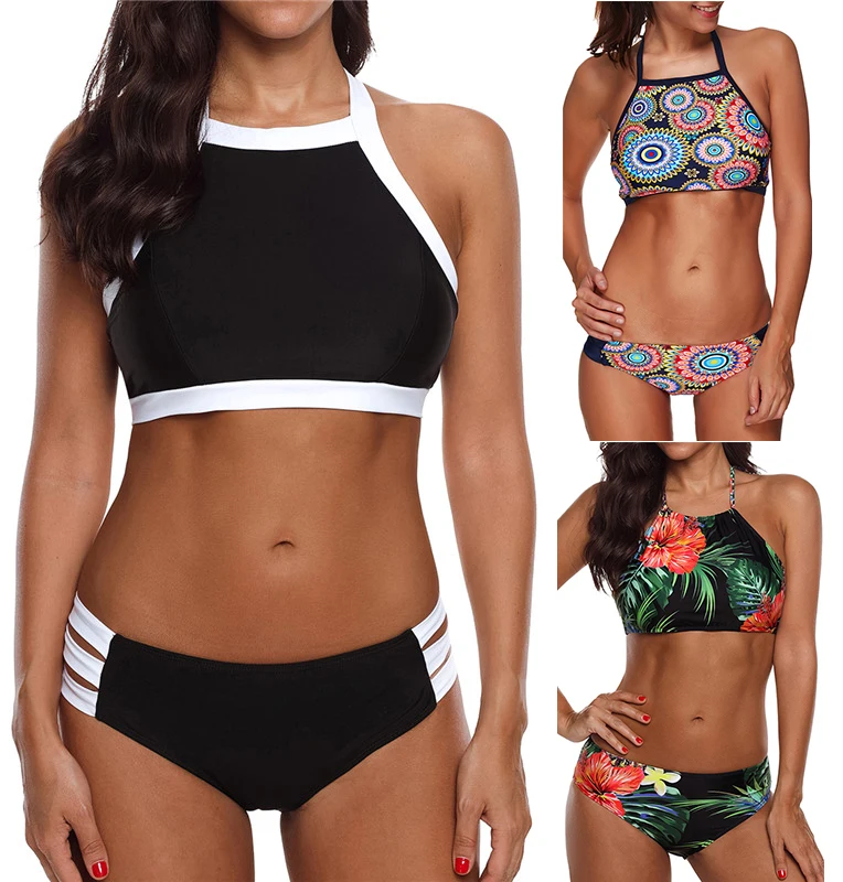 

TONY Sexy Women Bikini Set Sports Swimwear Summer Beach Floral Two Piece Halter Bathing Suit High Neck Padded Bikini Plus size