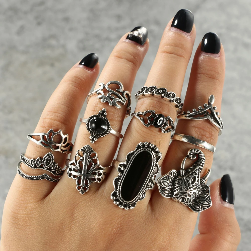 

Free Fan 12Pcs/Set Women Fashion Punk Personality Cross Elephant Hand Wave Flower Leaf Crystal Gem Joint Vintage Ring Jewelry