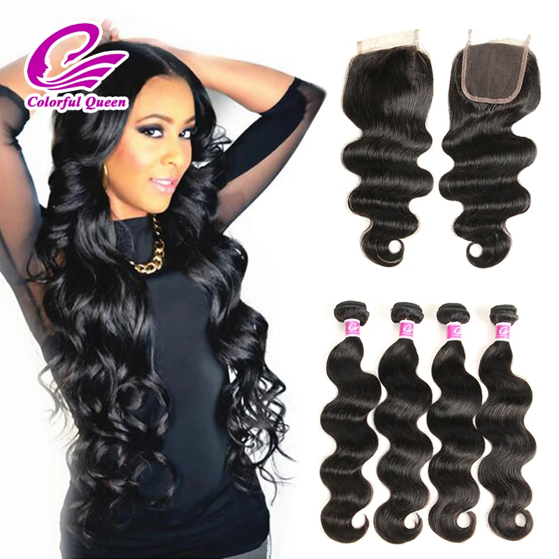 Brazilian Hair Body Wave With Closure 8A Grade Virgin Unprocessed Lace Closures with Human Hair Weave 4 Bundles Deals Black