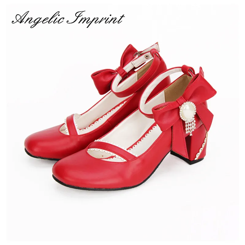 

Women's Red PU Leather Lace Trim Bow Ankle Strap Chunky High Heels Princess Sweet Lolita Pumps Shoes