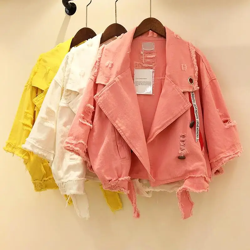 2018 Lettres Courte Jeans allumette Printemps Veste Femmes Femelle jaune De Tout Trous Rose Lâche Nouveau Ruban Manteau blanc Outwear Denim rxqrzpY1w