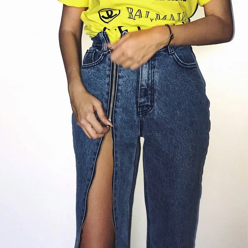 Для женщин джинсы для Модные, пикантные разделение молния Винтаж Высокая талия широкие брюки женские свободные повседневные Джинс