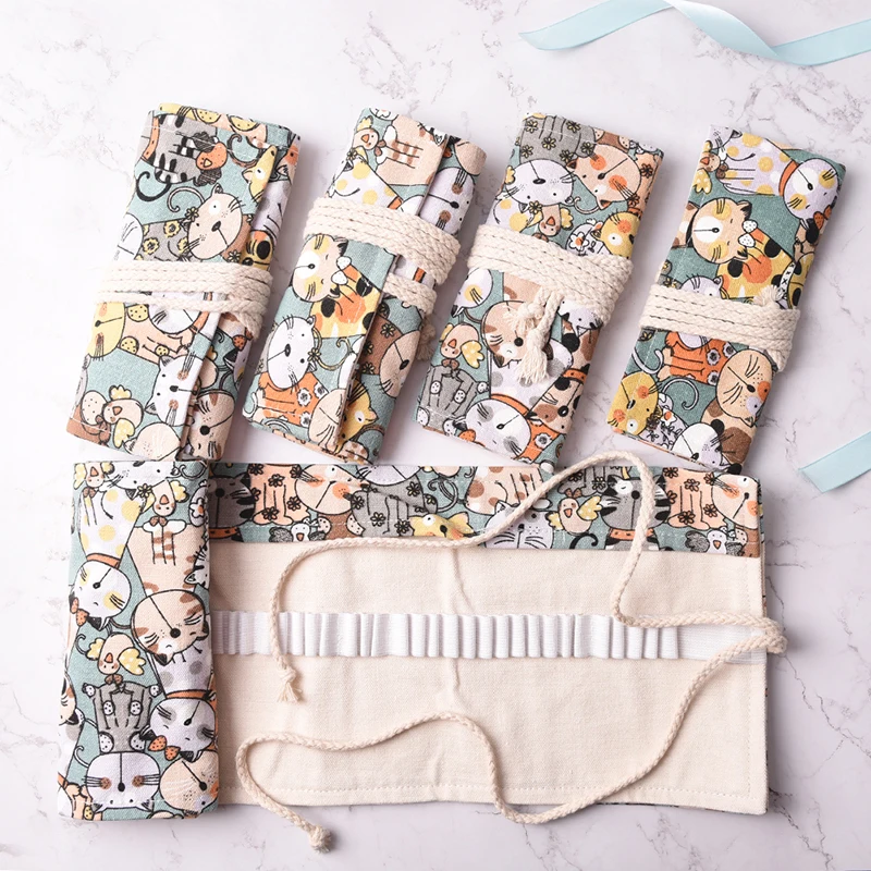 

36/48/72 Vintage Cartoon Cats Canvas Pen Roll Up Bag Pencils Box Stationery