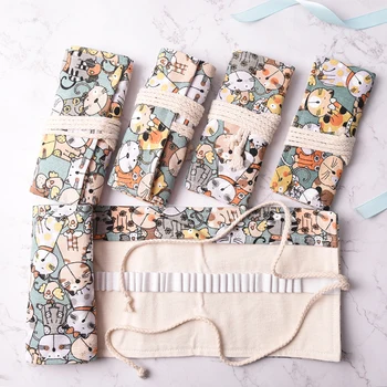 

36/48/72 Vintage Cartoon Cats Canvas Pen Roll Up Bag Pencils Box Stationery