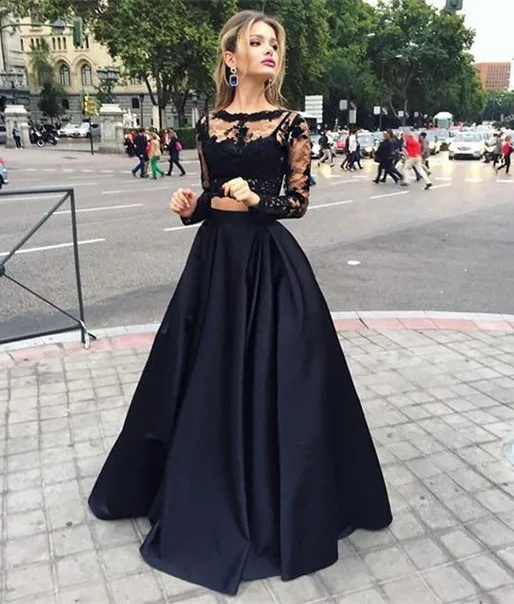 Custom made Black Two Pieces Evening Dresses Long 2019 Long Sleeve Prom Dresses Top Lace Prom Party Gown abiye gece elbisesi