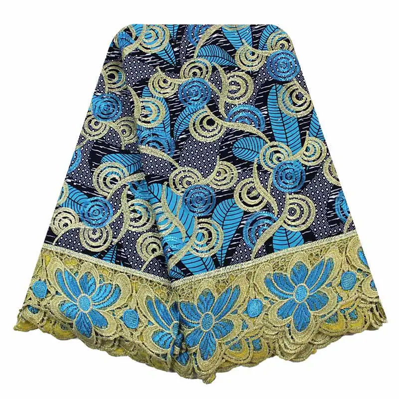 

Latest design beautiful african special nigerian print wax with embroidered guipure lace fabric with beads 6 yards