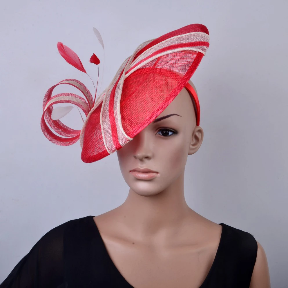 

NEW Unique design.red ivory Large saucer base fascinator hats for wedding Women's hat party Races Kentucky derby.FREE SHIPPING