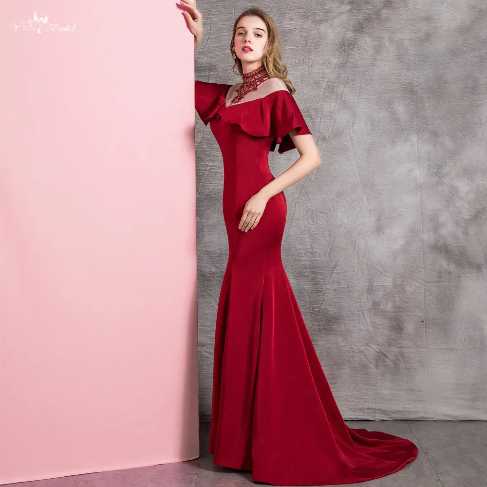 RSE898 Элегантное Платье Vestidos De Fiesta с вырезом, украшенным бусинами, с рюшами, с открытыми плечами, длинное красное, Бордовое платье Русалка для