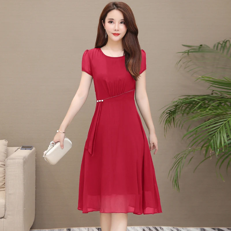 M-5XL Women's Chiffon Dress Summer 2019 New Fashion Elegant Patchwork Pearls Draped Short-sleeve Mid-length Loose Dress Female