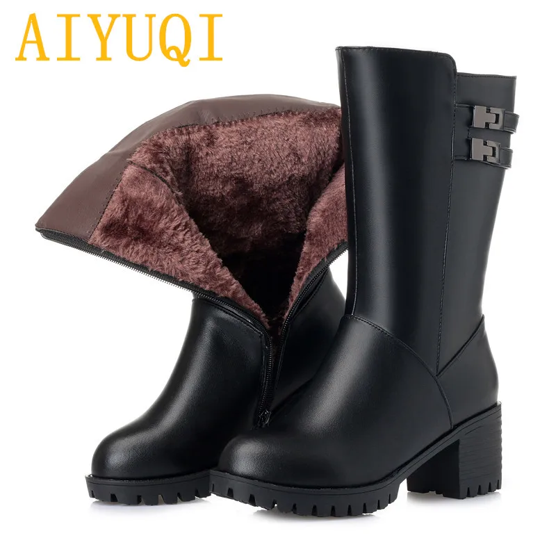AIYUQI/женские зимние ботинки; Новинка года; женские ботинки из натуральной кожи; трендовая обувь на высоком каблуке; большие размеры; толстая шерсть; зимние ботинки; женская обувь