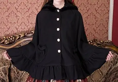 Осенне-зимнее японское милое пальто в стиле Лолиты, пальто с заячьими ушками и бантом, плотное пальто в готическом стиле, пальто в стиле Лолиты для девочек - Цвет: Черный