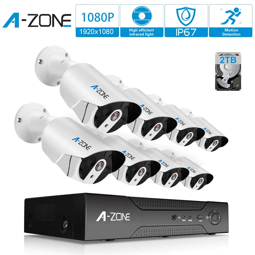 

A-ZONE 8CH 1080P Bullet IP POE System IP67 Waterproof Security Cameras Smart Motion Detection with 2TB Hard Driver