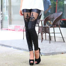 Новые модные сапоги в панковском стиле, сапоги в Для женщин леггинсы с вышивкой на шнуровке узкие брюки из искусственной кожи в стиле пэчворк с кружевом штаны H9