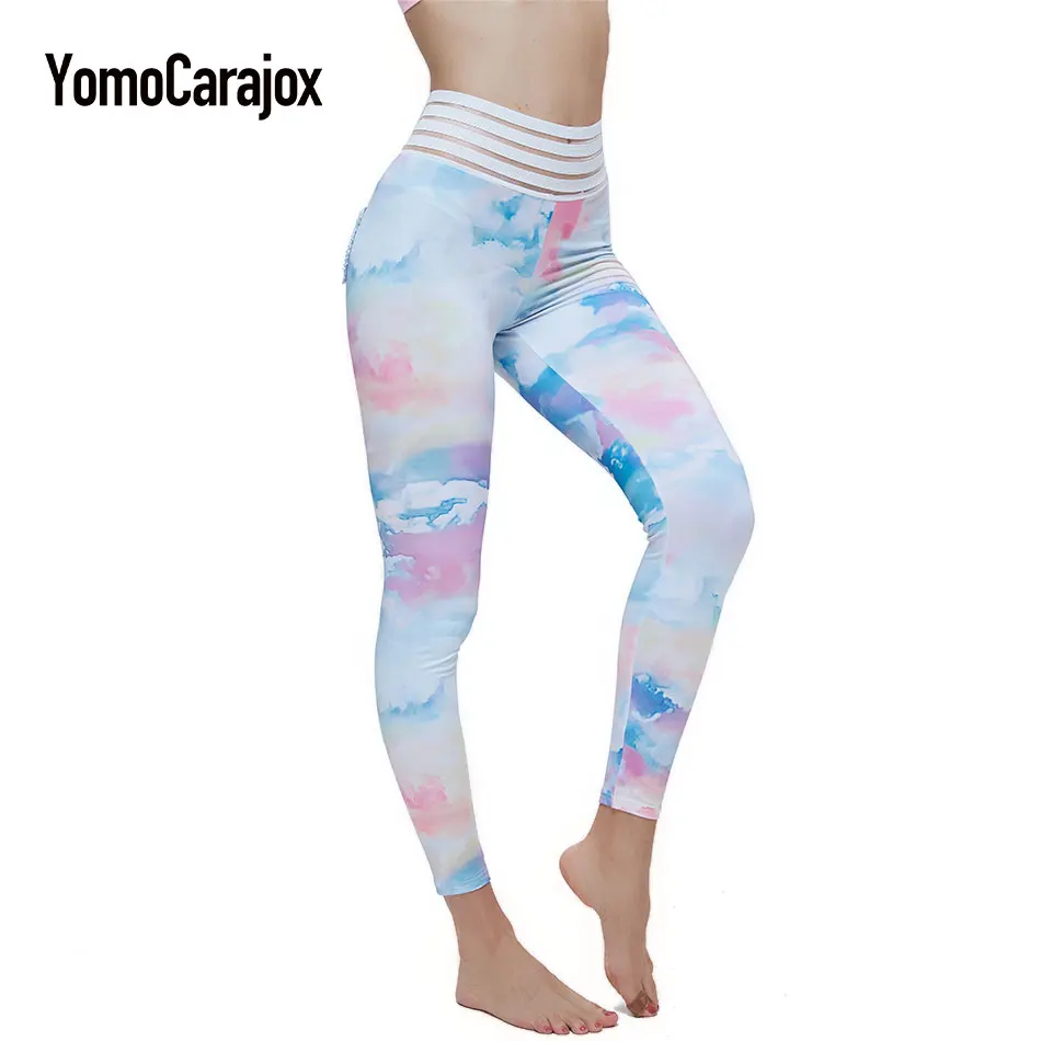 

Women Fitness Legging Rainbow Print Sport Pants High Waist Sexy Women Slim Hip Push Up Pants Pocket Folds Yuga Trousers Slim