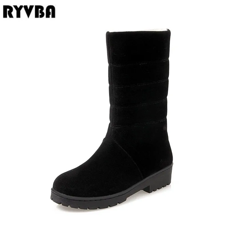 

RYVBA 2019 women mid calf snow boots womens suede square heels winter warm plush boots round toe woman autumn ladies BLACK shoes
