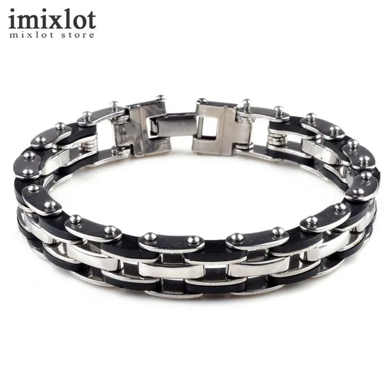 Imixlot Fashion Wristband Jewelry Black Rubber Silicone Stainless Steel