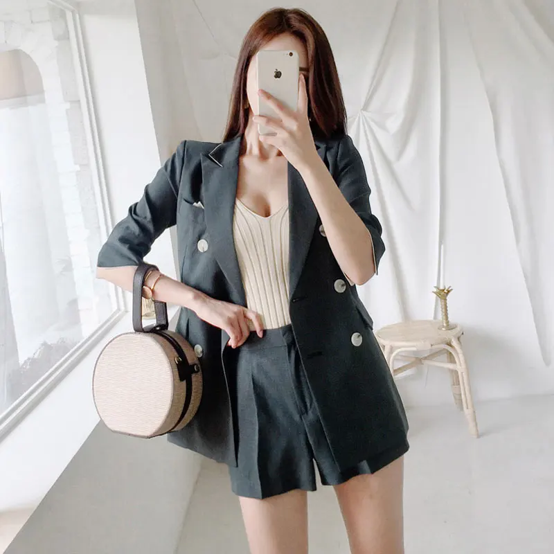 

OL 2 Pieces Set for Women Summer Short Pant Suits Notched Double Breasted Short Sleeve Blazer & Hot Shorts Casual Suit