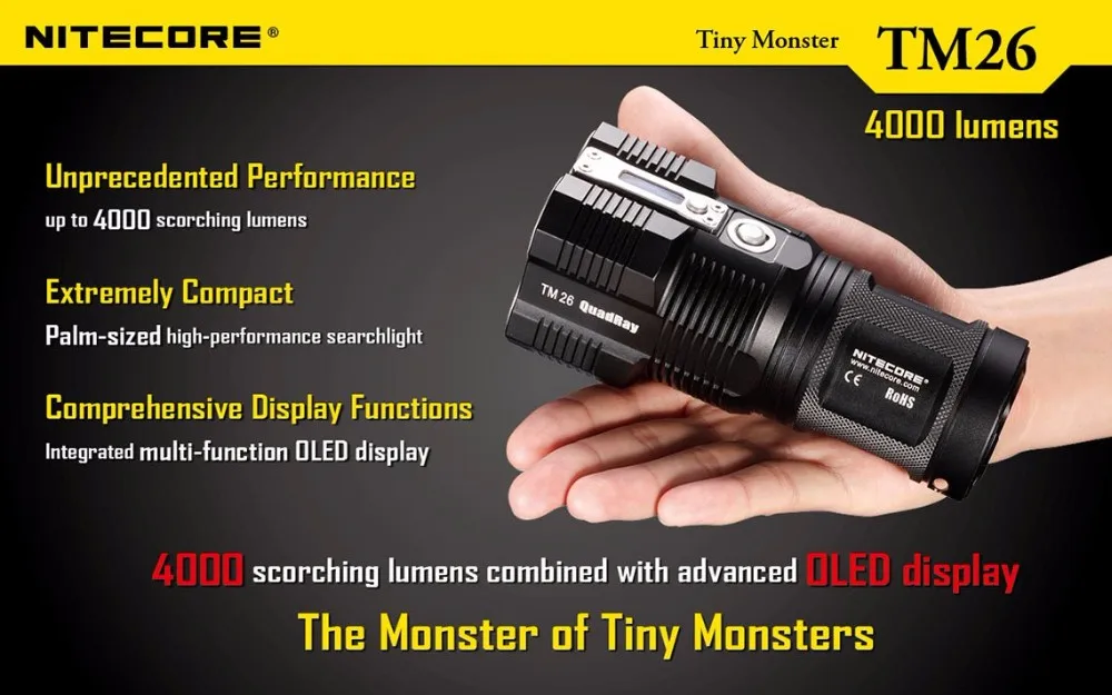 Перезаряжаемый фонарь NITECORE TM26 4* CREE XM-L2 U3 светодиодный Макс. 454 лм дальность луча м водонепроницаемый походный фонарь