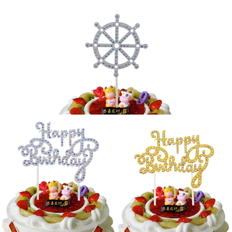 1pc Creative Shiny Crystal Cake Toppers Happy Birthday Gold Silver Paper Board Cake Flag Birthday Party Cake Decor Supplies