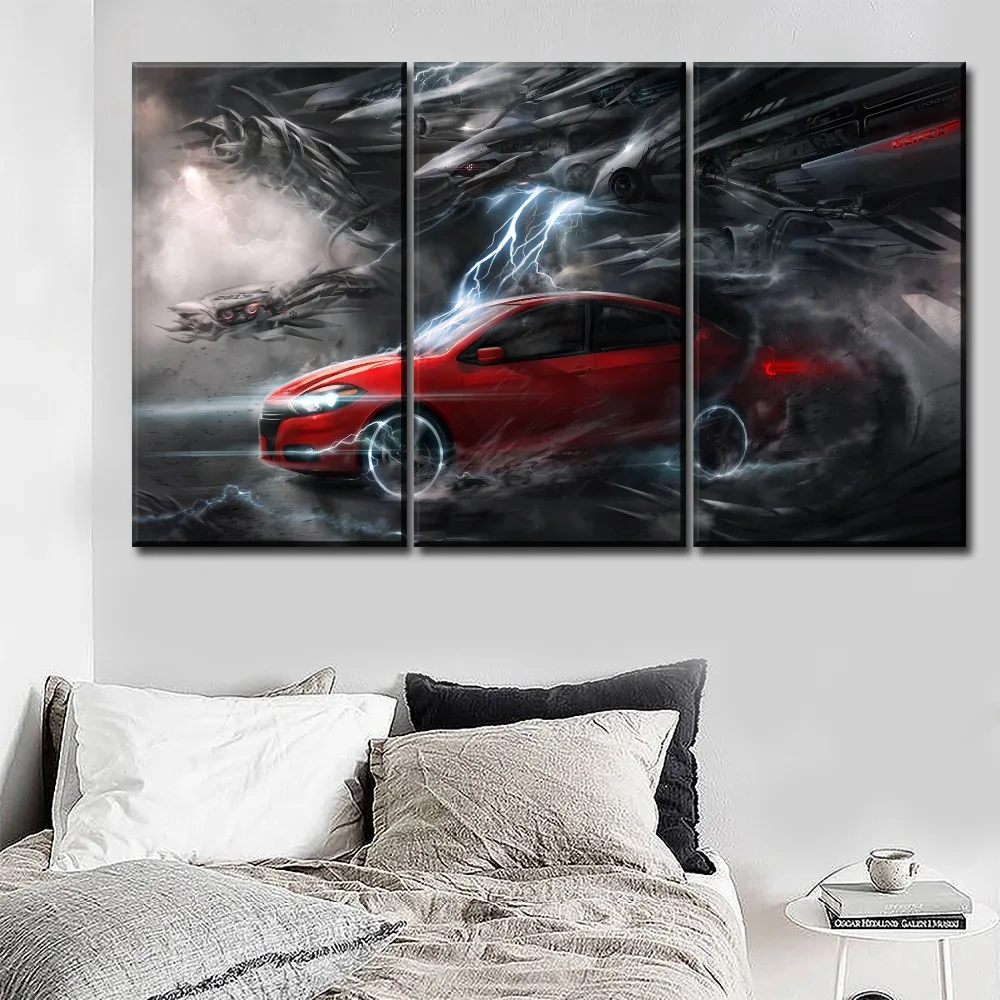 

Canvas Picture Home Decor Framework 3 Pcs Artistic Abstract Lightning Red GT Car Painting HD Print Type Wall Art Modular Poster