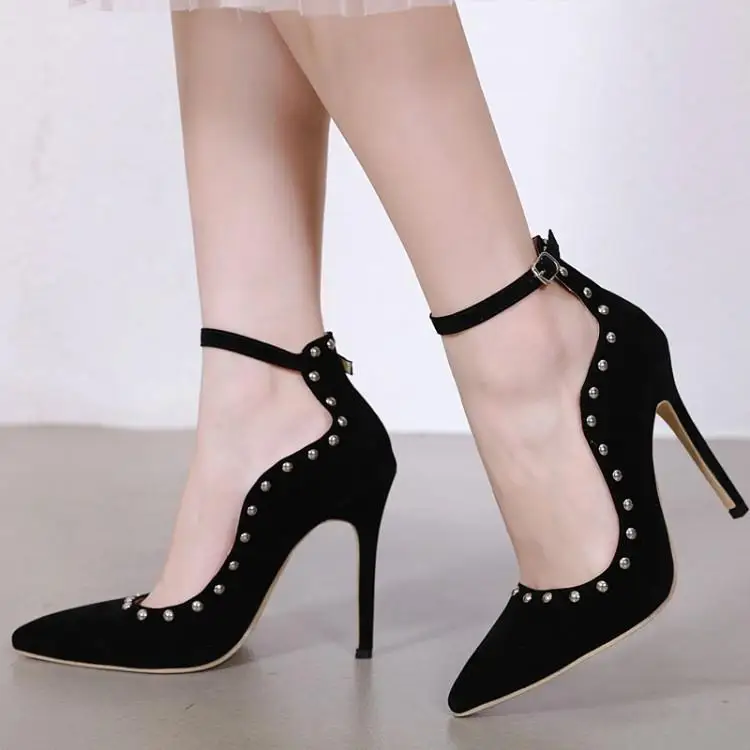 

Black Suede Women Mary Janes With Rivet Pointed Toe High Heels Gladiators Ankle Buckle Zapatos De Mujer Brand Design Pumps Shoes