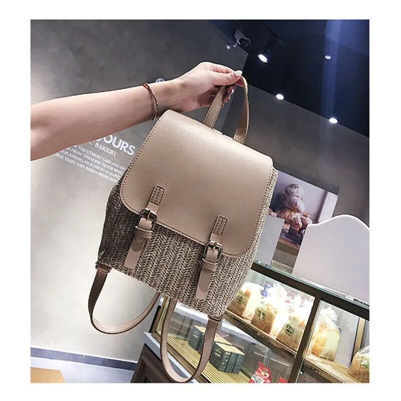 Best Women Backpack Travel Leather Patchwork  Straw  Backpack Small Rucksack Shoulder Bags Fashion