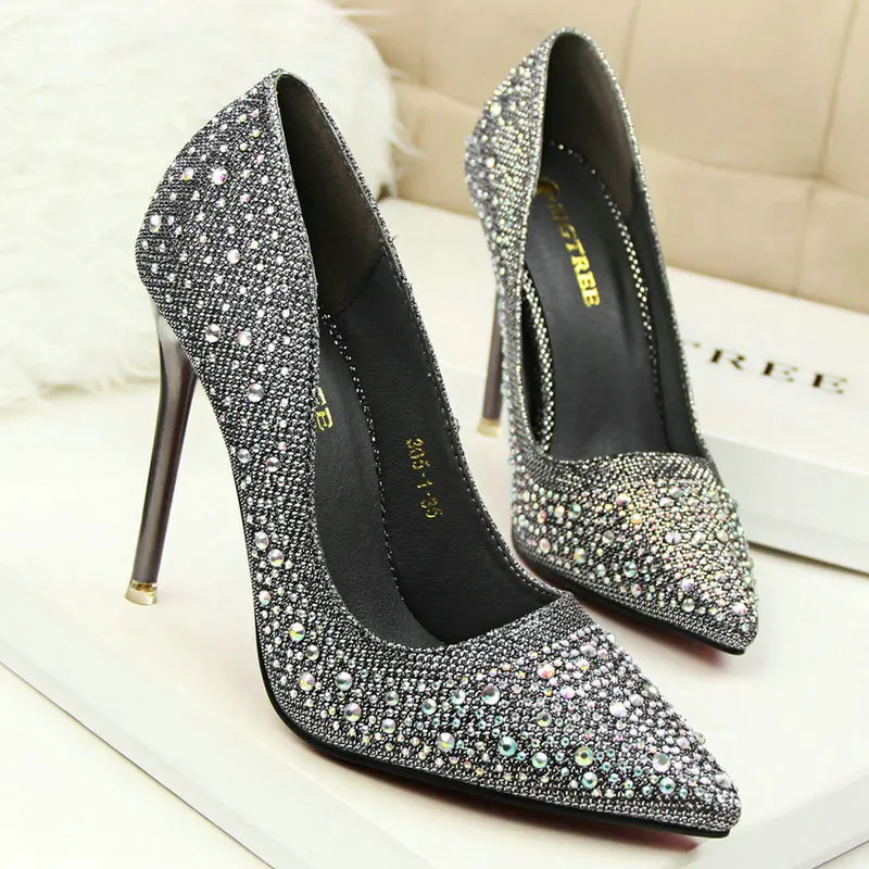 BIGTREE/женские туфли-лодочки с острым носком пикантные женские вечерние туфли на тонком каблуке с блестками и стразами; многоцветные туфли высокого качества; женская обувь; 305-1 - Цвет: gray