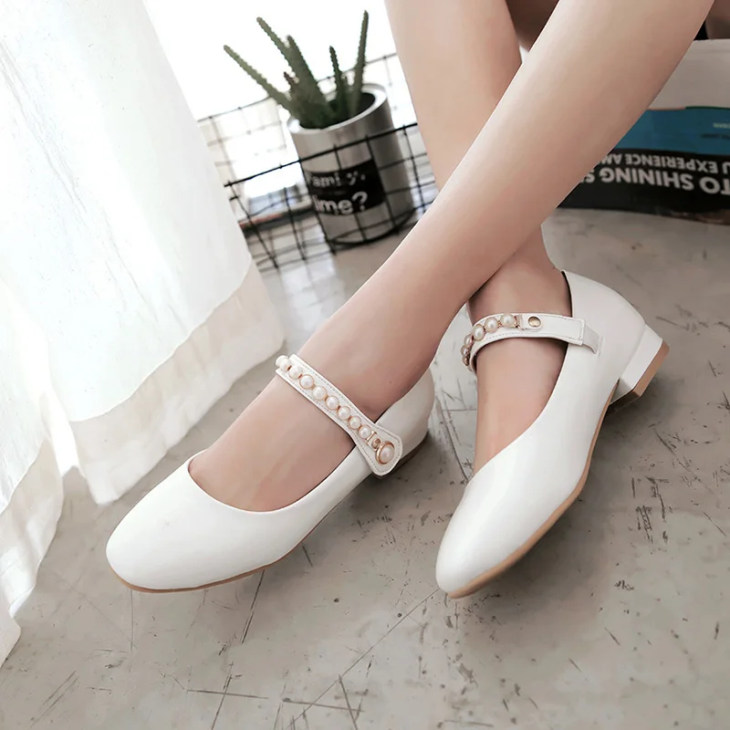 

Korean casual style comfortable round head pumps fashion beading black white pink red thick low heel women's shoes big size