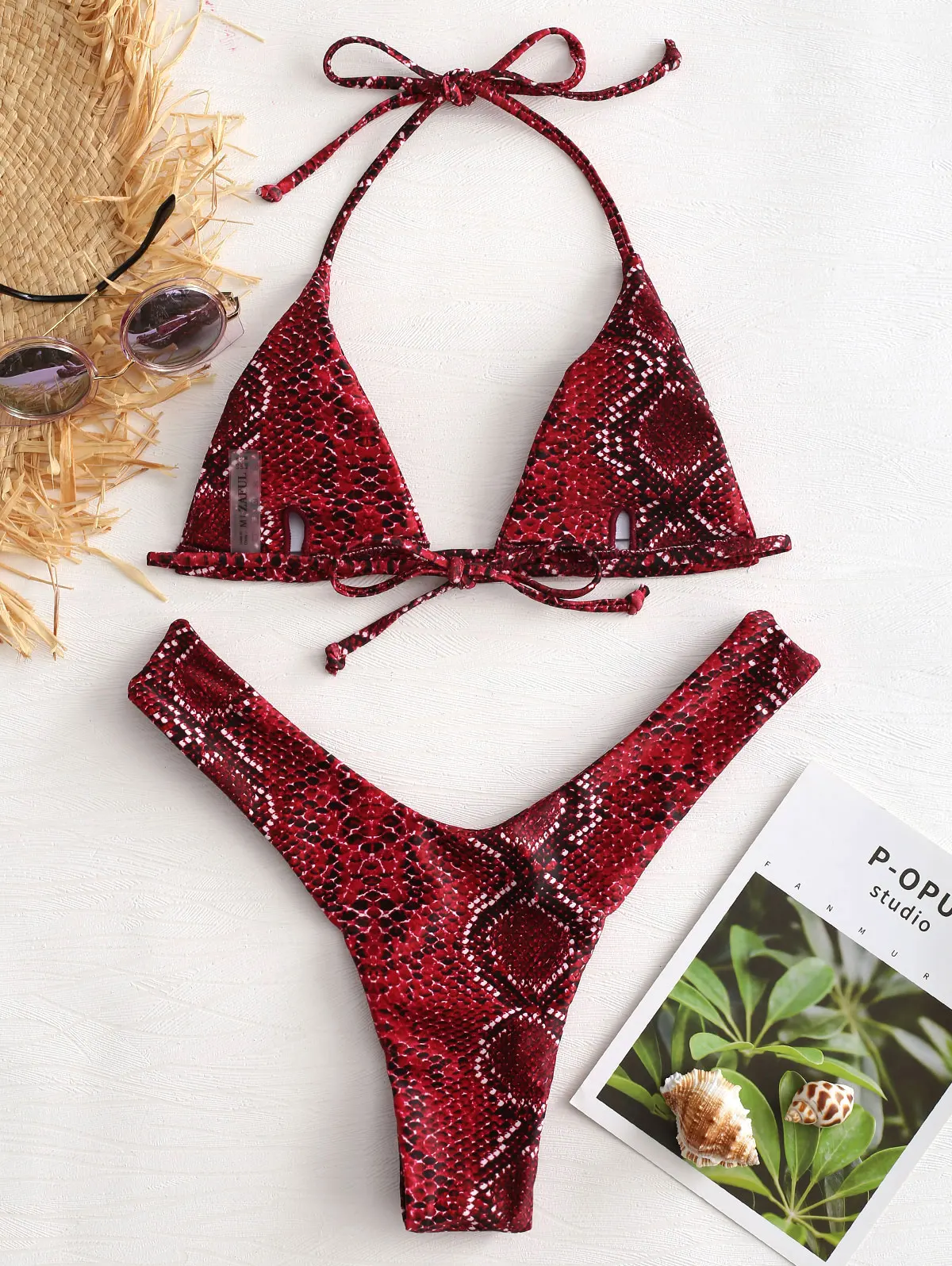 ZAFUL Bikini Halter Snakeskin High Leg Bikinis Set Sexy High Cut Bathing Suit Women Swimsuit Wire Free Padded Swimwear