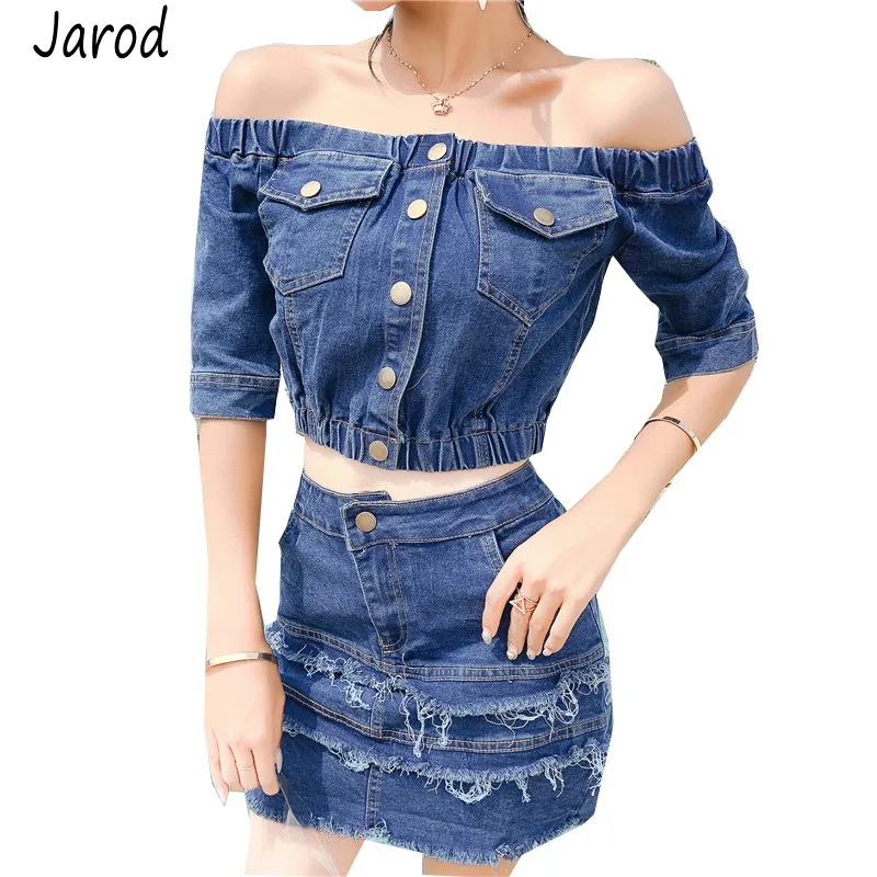 

2019 Women 2 Piece Set Sexy Slash Neck Off the Shoulder short Sleeve Crop Top and blue Denim Tassel skirts Street Wear Suit