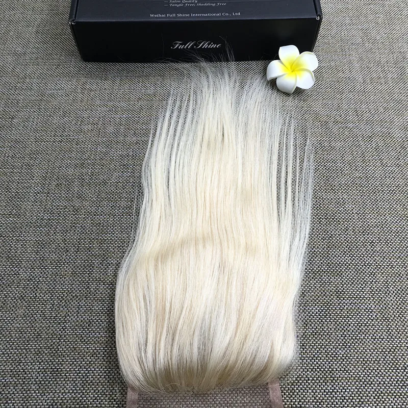 

Full Shine Remy Human Hair Best Brazilian Closure Straight  Lace Closure Bleached Knots #613 Blonde Free Part 4*4 Inch